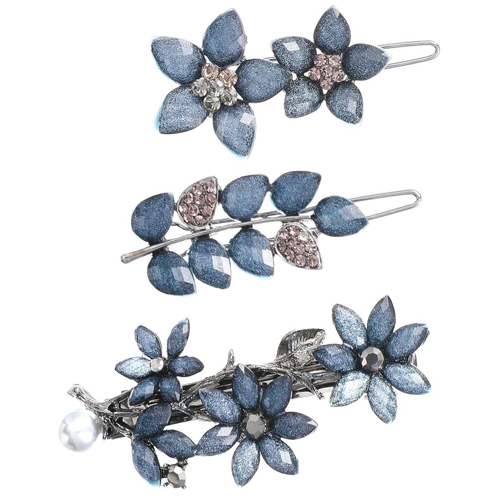 3 Peças de Presilhas de Cabelo Vintage com Strass, Presilhas Pequenas de 2 Polegadas em Azul-Tinta com Flor de Cristal B