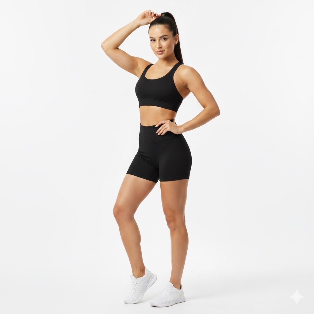 Conjunto Fitness Feminino Preto de Academia com Top Nadador e Shorts em Suplex, Cintura Alta, Modelador, Confortável