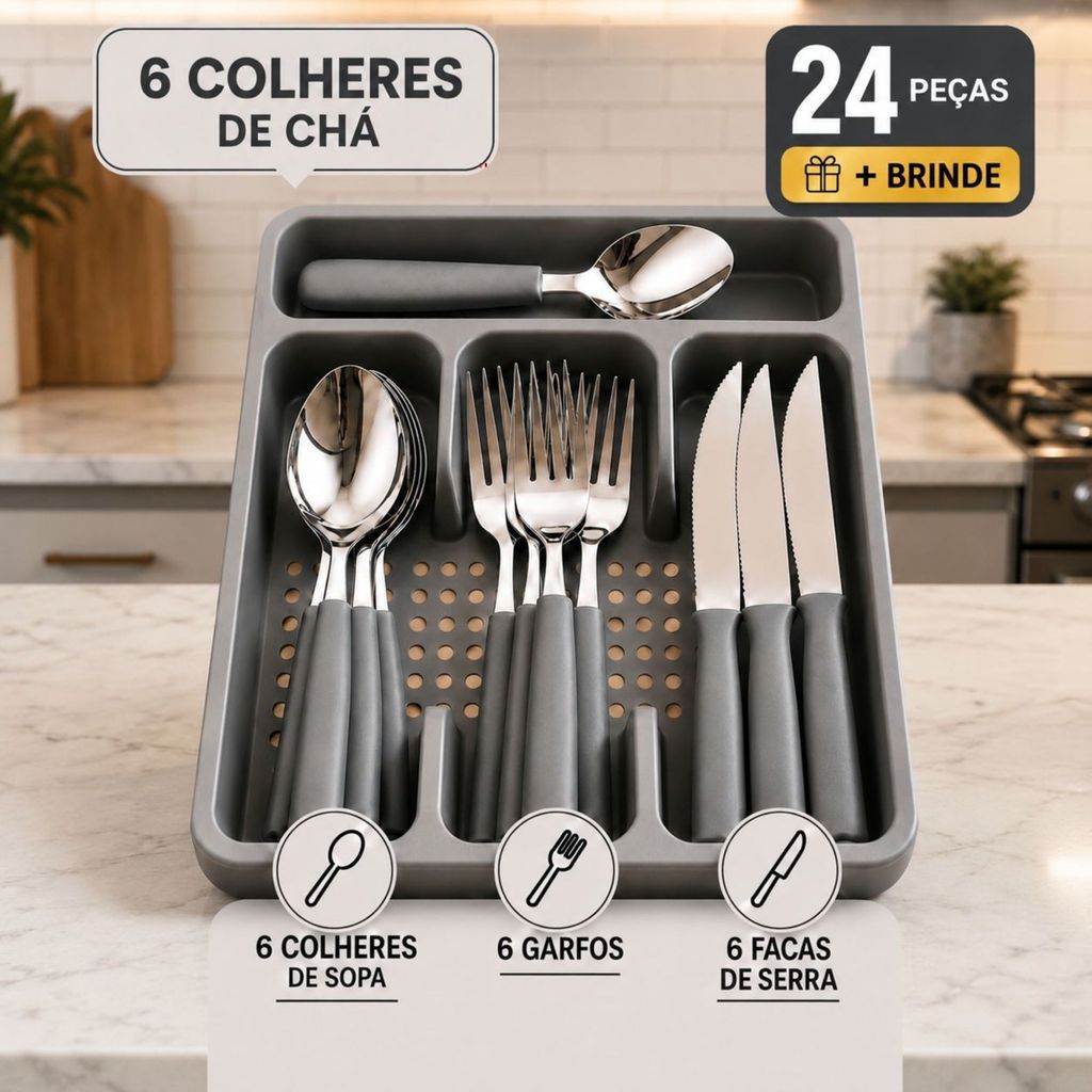 Conjunto de Talheres Aço Inox 24 Peças com Suporte para Mesa e Cozinha
