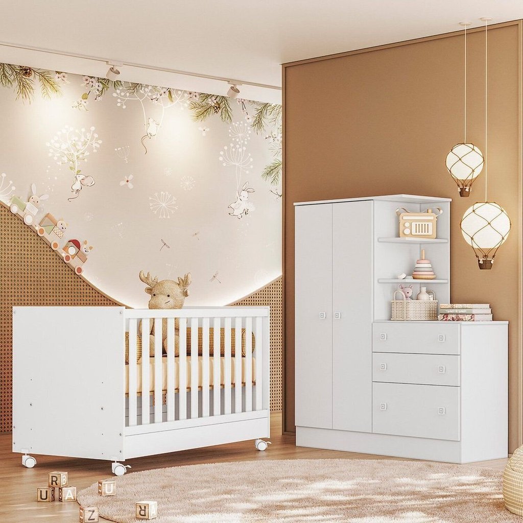 Quarto para Bebê Completo 2 Peças Guarda-Roupa com Cômoda e Berço Doce Sonho Branco