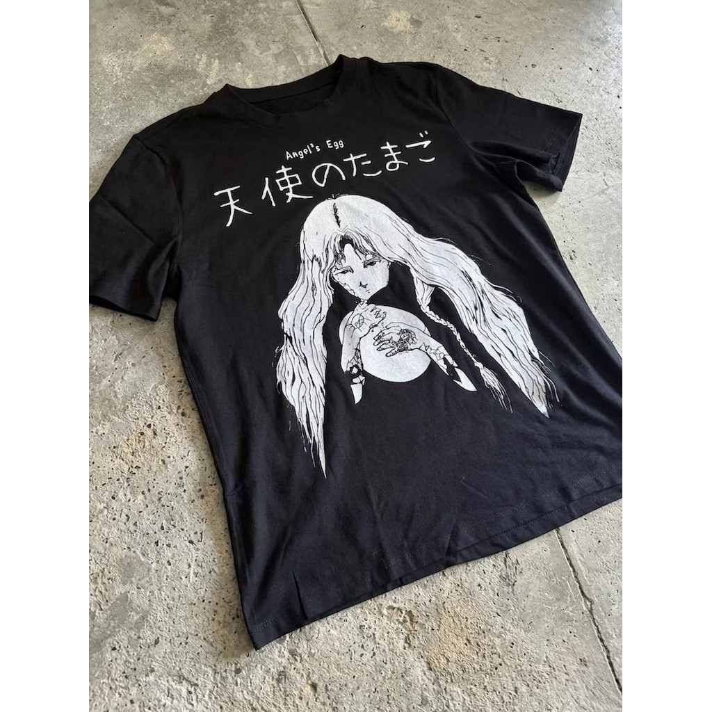 Camiseta Masculina Feminina Oversized Estampa Angel's Egg Anime Japonês Camiseta Streetwear Preta Gráfica Vintage