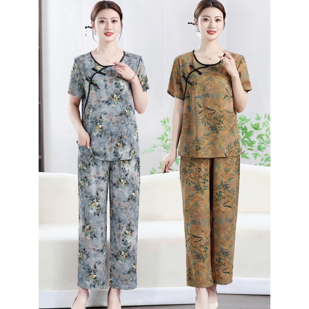 Roupas femininas idosas de meia-idade, roupas de verão para mãe, terno de seda d