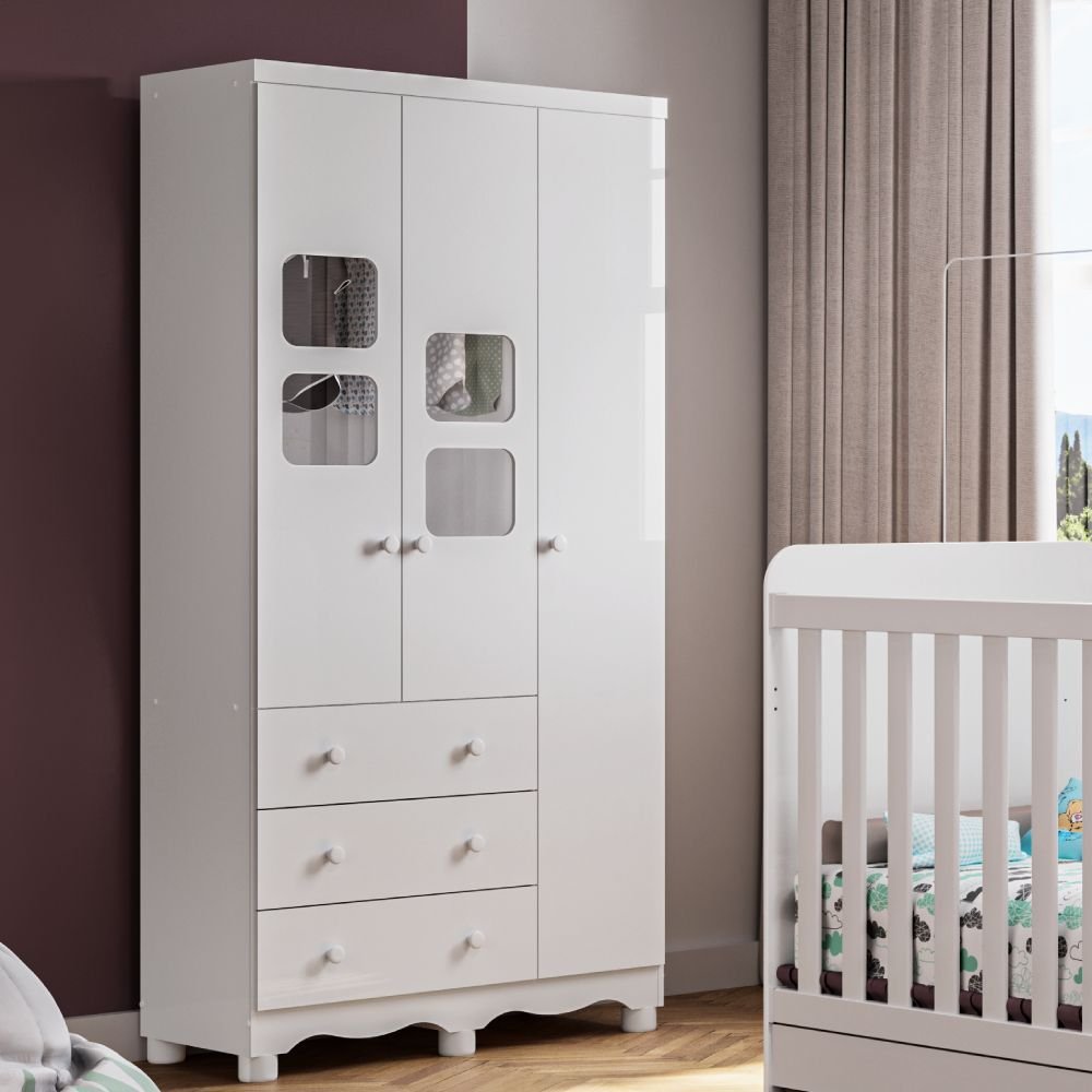 Guarda-Roupa Infantil 91cm 3 Portas 3 Gavetas com Janelas e Pés Mimo 100% MDF Espresso Móveis Branco/Brilho