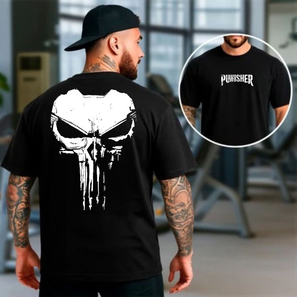 Camiseta masculina Oversized Estampa Caveira Punicher para Academia Musculação camisa Streetwear 100% Algodão