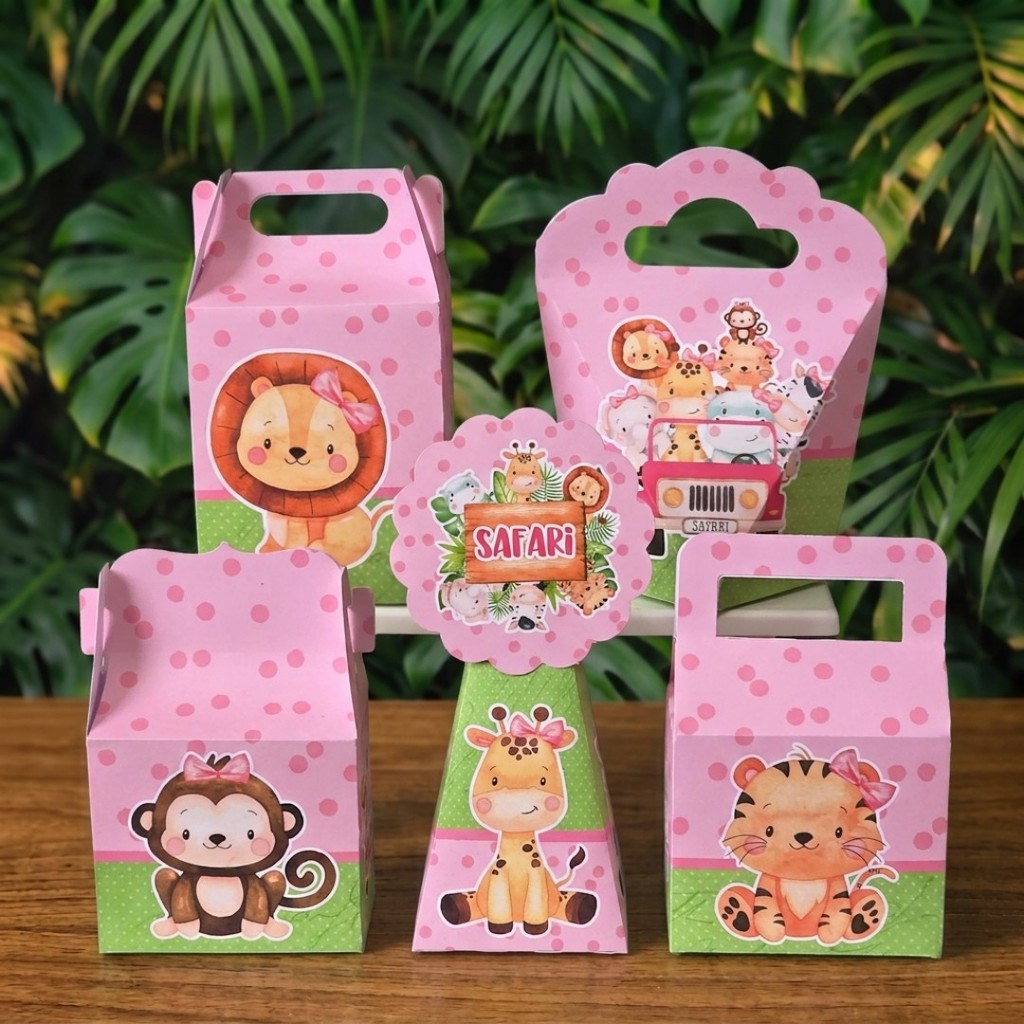 Kit Festa Caixinhas SAFARI ROSA MENINA lembrancinhas personalizadas para aniversario infantil decoração mimos