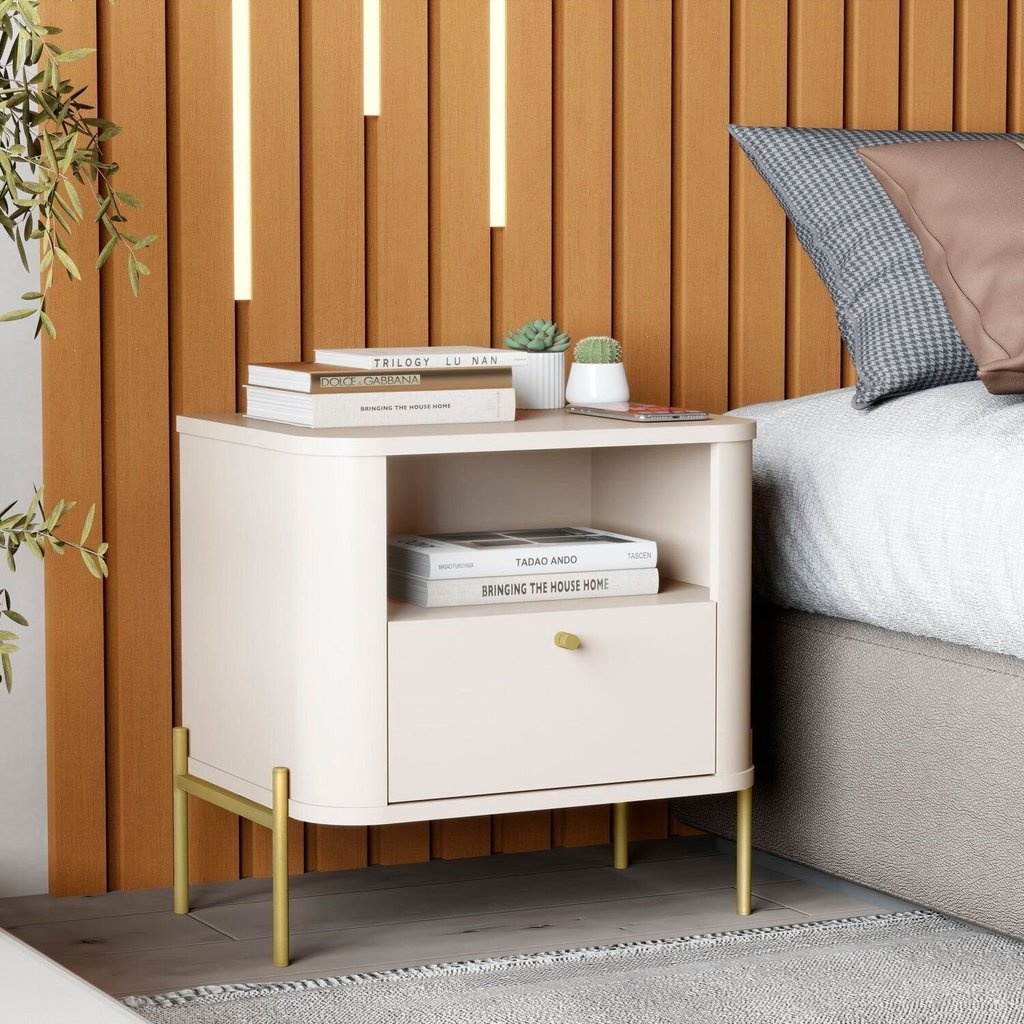 Mesa de Cabeceira Curva 1 Gaveta e 1 Nicho Pés e Puxadores em Metal 45cm Tucupí Bege Off White/Dourado
