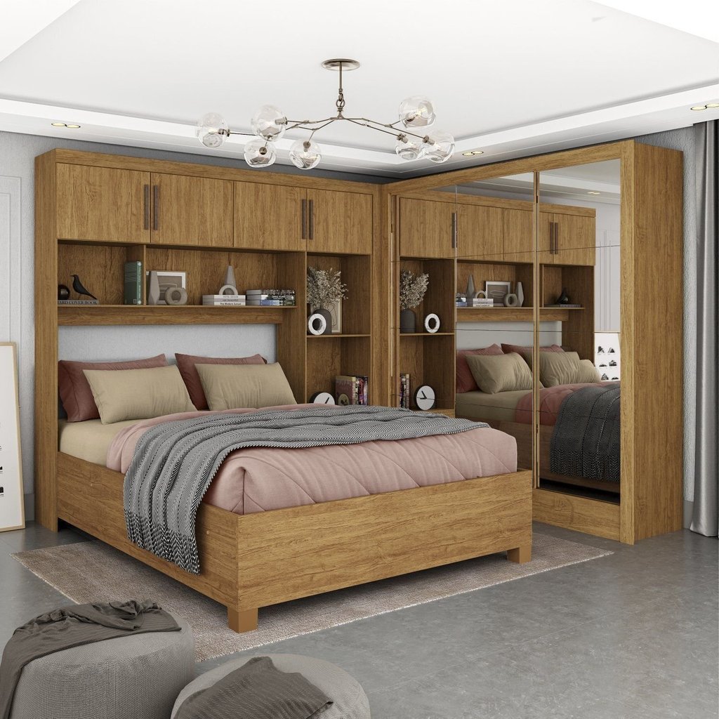 Guarda-Roupa Casal Modulado 4 Portas com Cama Santiago 3 Portas Premium 5 Gaveta com Espelho Marrom/ Cinamomo