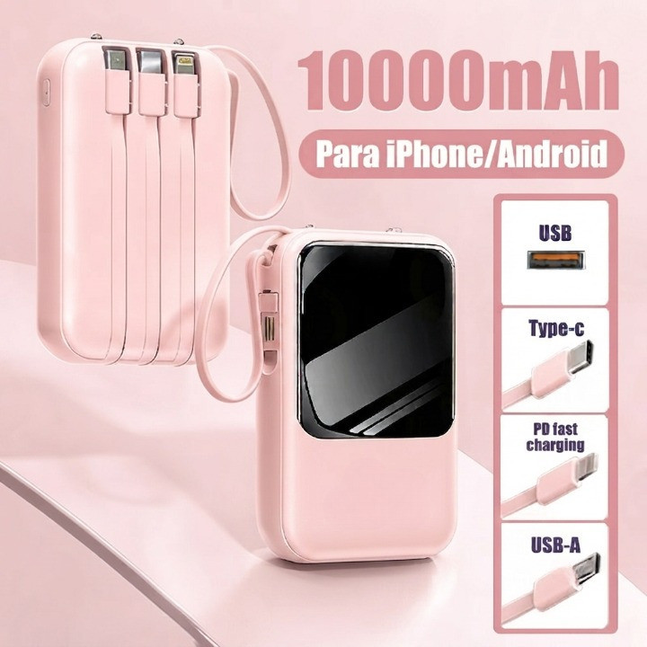 Power Bank 10000mAh Carregador Portátil Recarregável 4 Cabos Embutidos Atlas