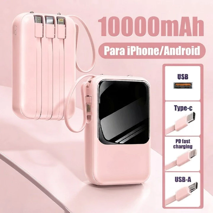 Power Bank 10000mAh Carregador Portátil Recarregável 4 Cabos Embutidos Atlas