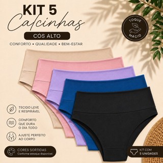 Kit 5 Calcinhas Femininas Cós Alto Confortável Cintura Alta Tecido Macio Respirável Cores Sortidas