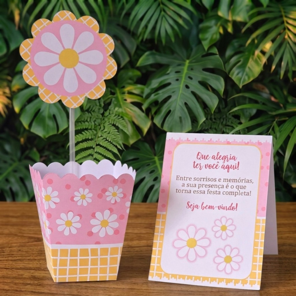 Centros de mesa + Plaquinhas MARGARIDAS ROSA lembrancinhas personalizadas mimos para aniversario infantil decoração mimo