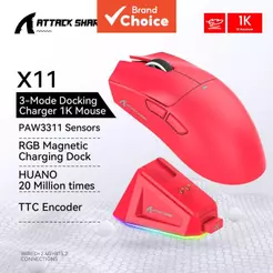 Mouse Gamer Attack Shark X11 Leve, PAW3311, 3 modos (sem fio/Bluetooth/com fio), RGB底部, recarregável