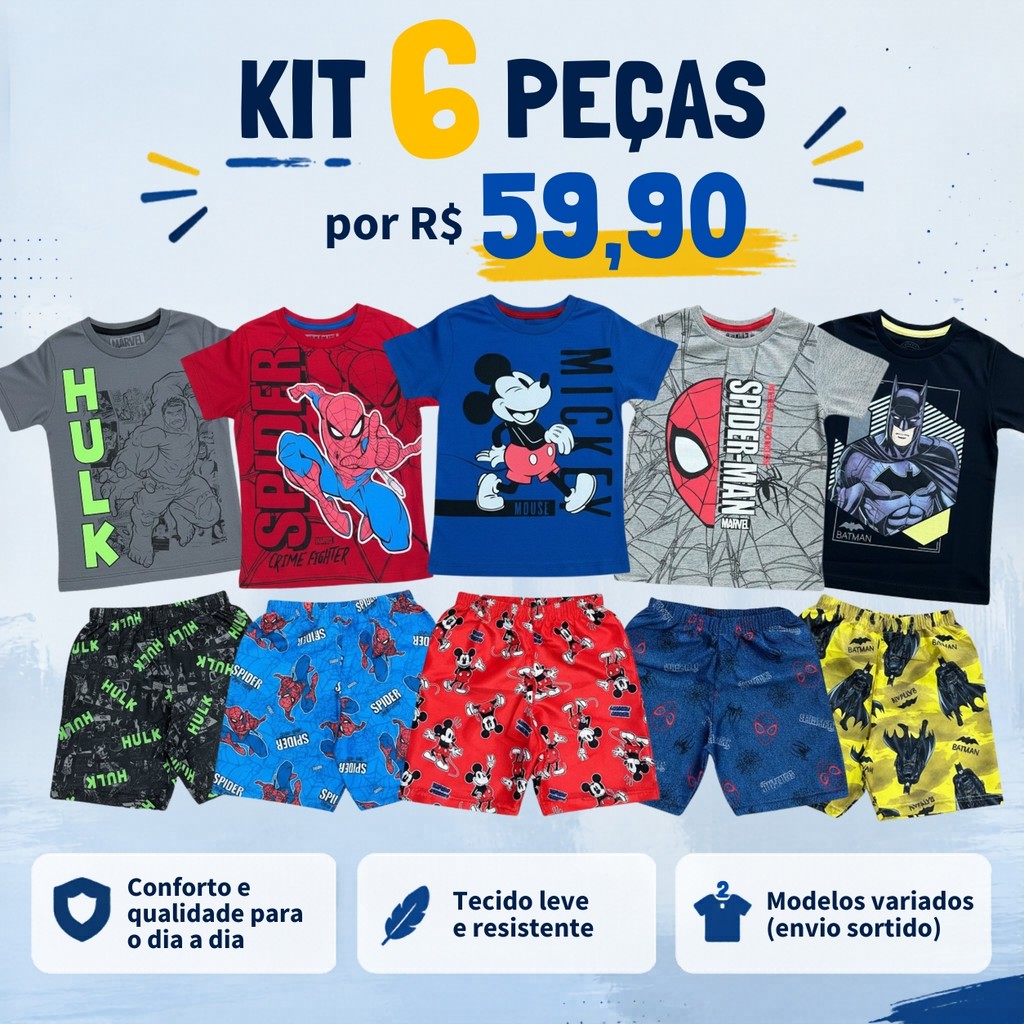 Kit 6 Peças Roupa Menino Infantil Personagens Verão Conjunto Masculino Calor Batman Aranha 1 ao 10