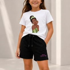 Kit Camiseta Infantil Tiana Princesa e o Sapo Menina e Bermuda Moletinho