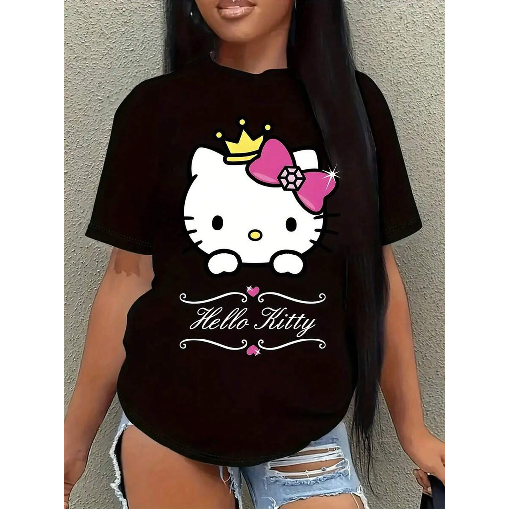 Camiseta Masculina Feminina Oversized Estampa Hello Kitty Coroa e Laço Rosa, Camiseta Streetwear Sanrio Kawaii, Camiseta
