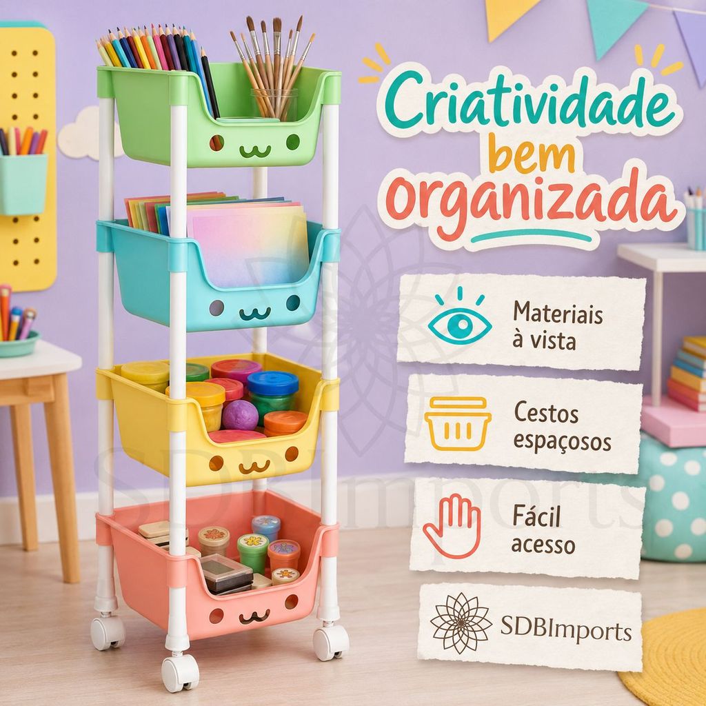 Carrinho Organizador Prateleira Infantil 4 Andares Com Rodinhas Multiuso Porta Brinquedos Livros Roupas Objetos