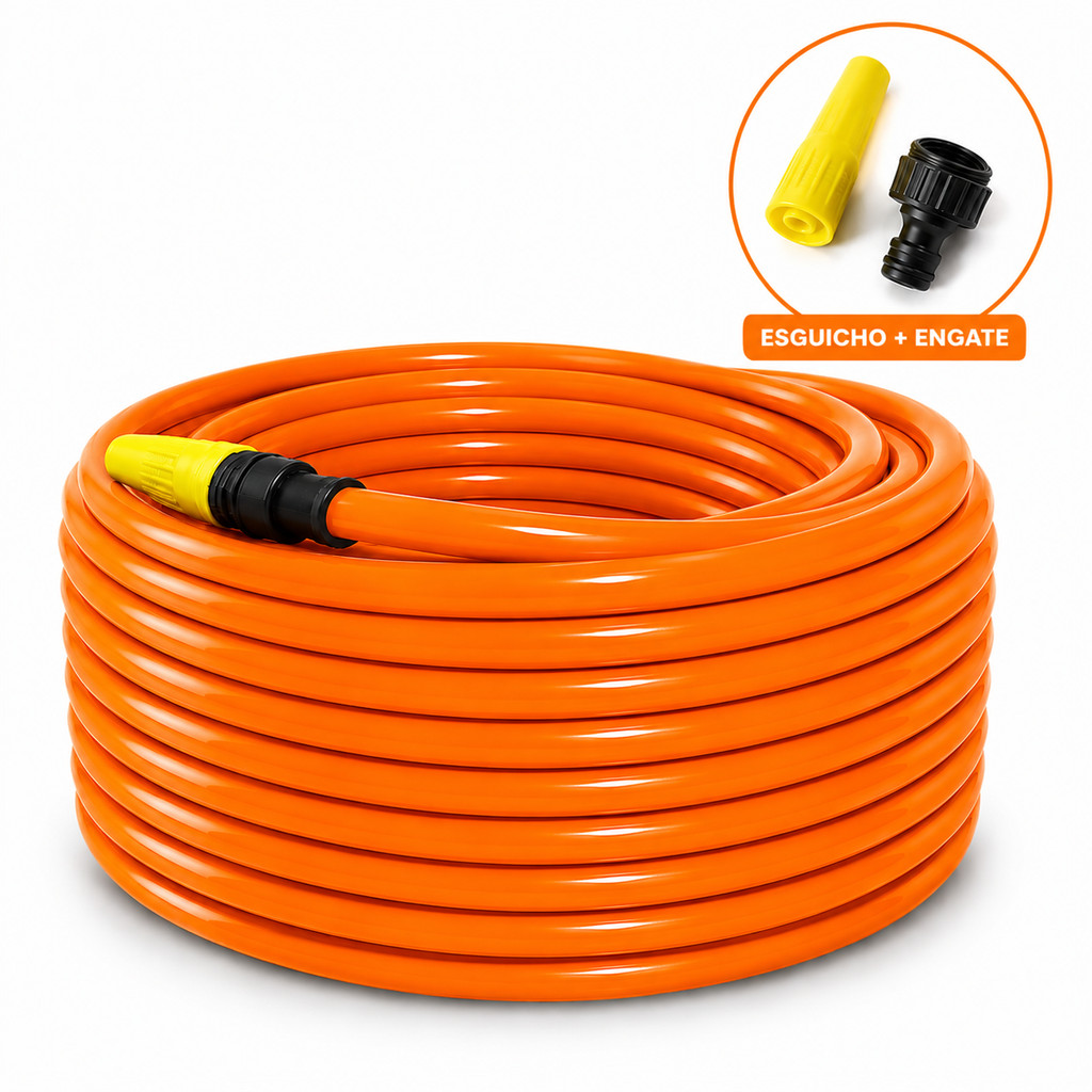 Mangueira de Jardim Siliconada 50 Metros Laranja Kit Completo Reforçada Resistente Anti Torção