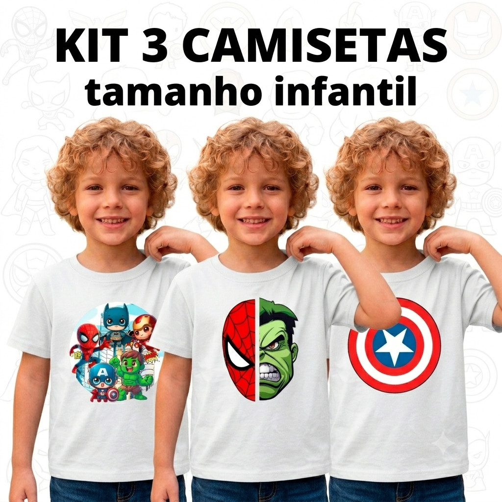 **Kit com 3 Camisetas Infantis Personagens Masculina 100% Algodão Estampas Variadas Tamanhos 2 ao 16**
