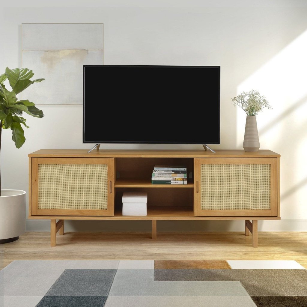 Rack para TV até 55 Polegadas Madeira Maciça 160cm Magna Porta Rattan CabeCasa MadeiraOriginals Bege Porta Rattan