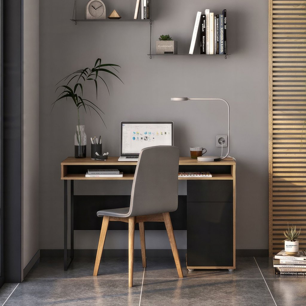 Escrivaninha Mesa Escritório Chicago 1 Gaveta 1 Porta 120cm Industrial Marrom Aveiro/Preto