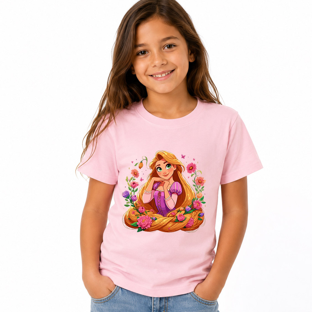 Camiseta Infantil Menina Rapunzel Flores Enrolados Blusa Algodão