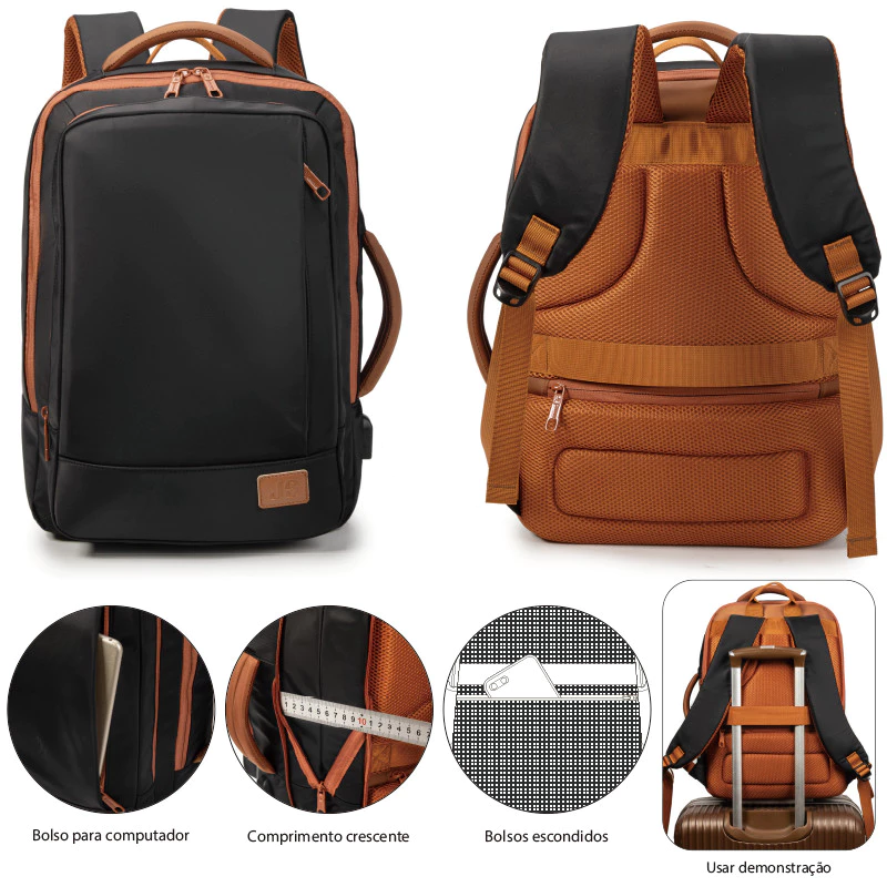 Mochila expansível para laptop de 15,6 polegadas, com porta USB, pode ser presa à mala para viagem,ideal para o trabalho