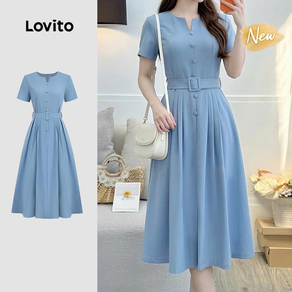 (New Arrival) Lovito Vestido Elegante com Cinto e Botões Plissados para Primaver