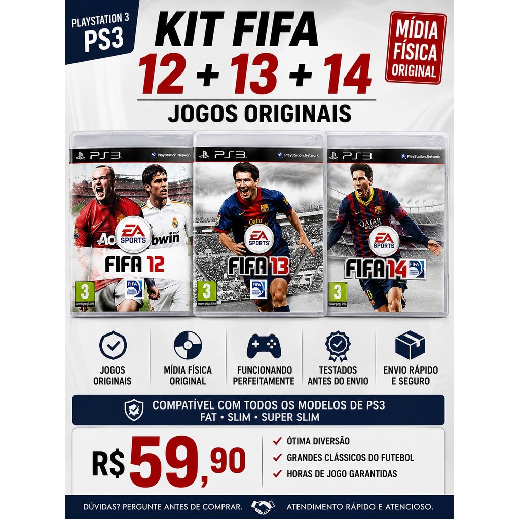 Fifa 12 + Fifa 13 + 14 Ps3 3 - Jogos Originais Mídia Física