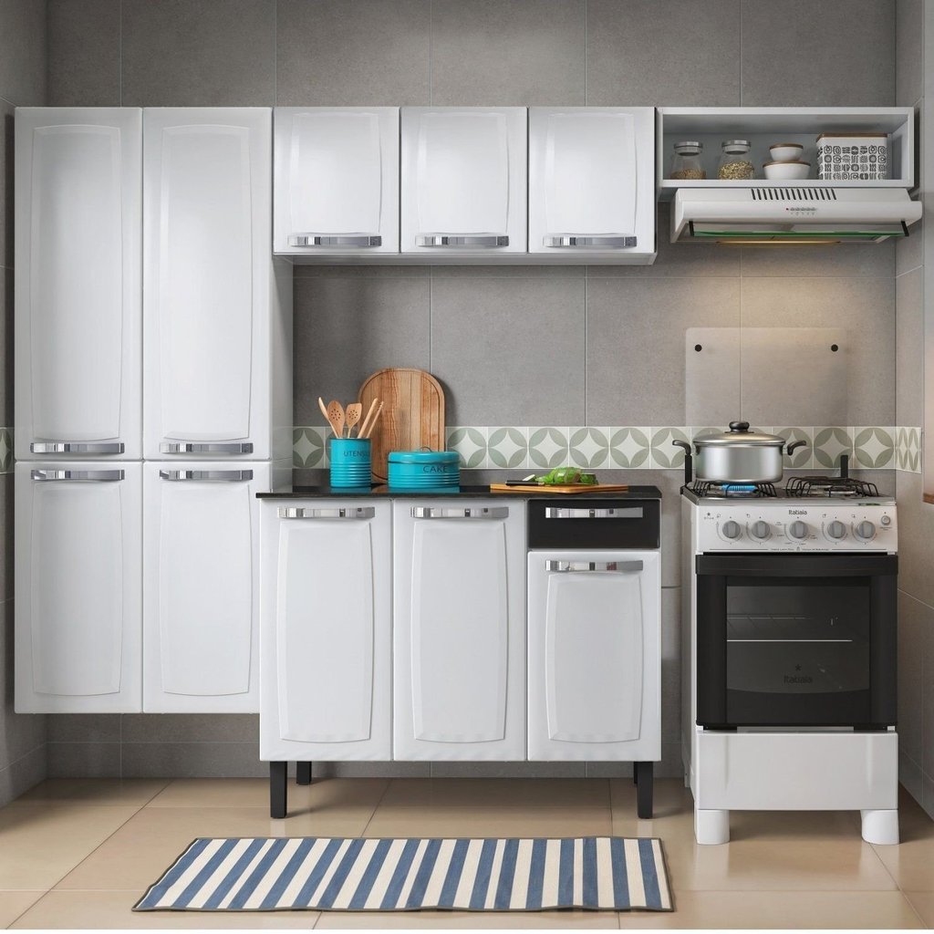 Cozinha Compacta Modulada em Aço 4 Peças 10 Portas 1 Gaveta 1 Nicho Rose Itatiaia Branco/Preto Preto/Branco