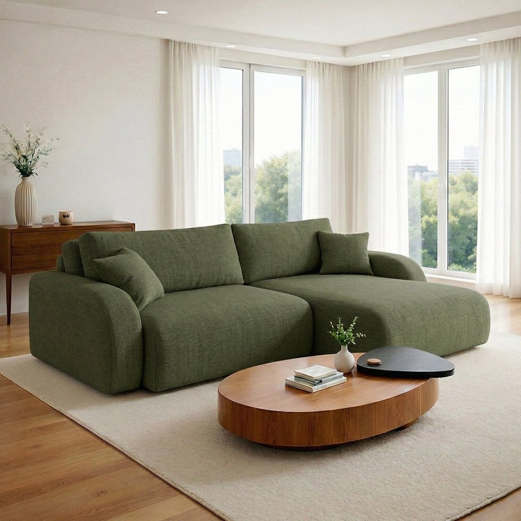 Sofá Cama Modular 2 Lugares Orgânico 210cm Base Madeira Maciça Cancún Verde