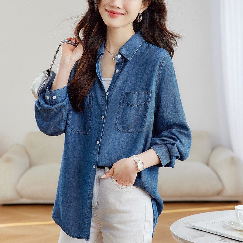 Tencel Lyocell Denim Camisa Azul Feminina Manga Longa 2026 Primavera Lavado Retro Top Casual Camisa Feminina