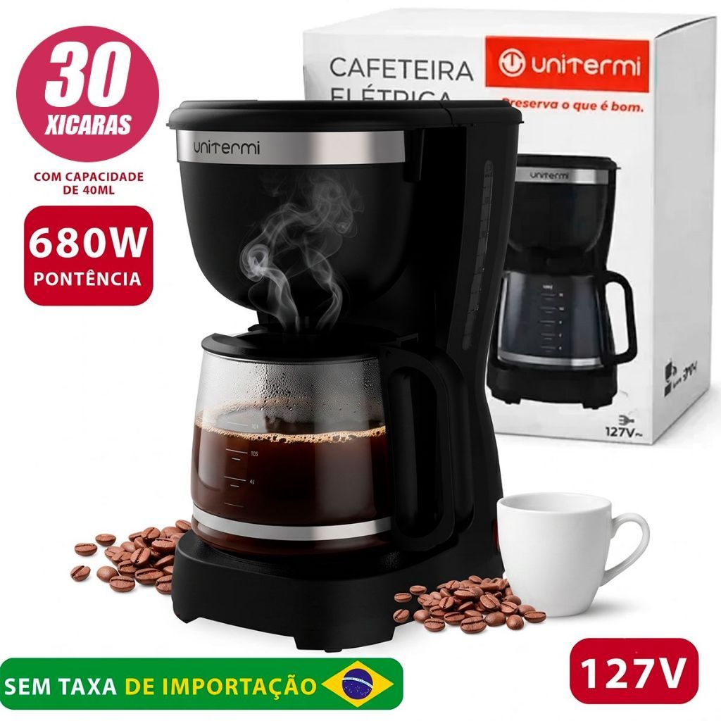 Cafeteira Elétrica 30 Xicaras 127V e 680W Potência Jarra de Vidro 1,2 litros Cor preta