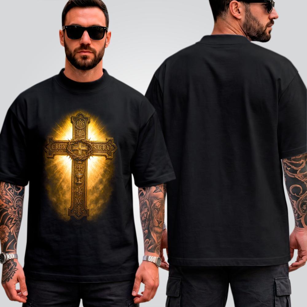 Camiseta Oversized Masculina Suedine Halftone Estampada Cruz Streetwear Cristã