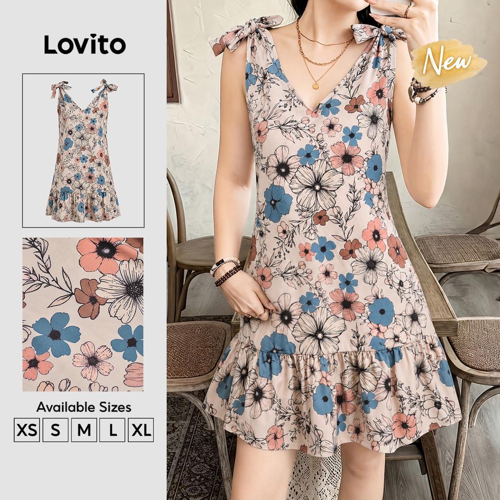 (New Arrival) Lovito Padrão de Vestido Boêmio Laço com Acabamento em Babado Vest