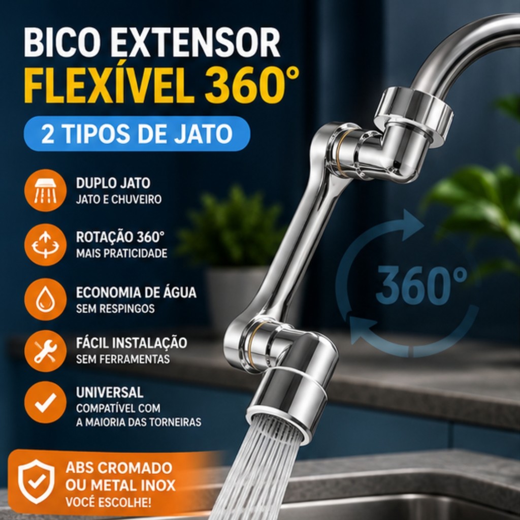 Extensor Flexível Para Torneira 360° ABS Ou Metal Inox 2 Tipos De Jato Universal Economia De Água