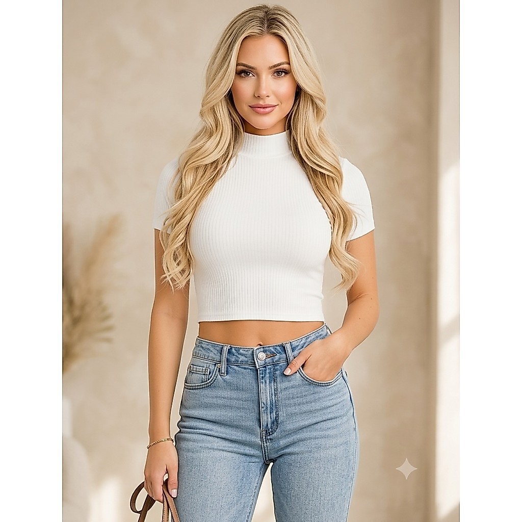 blusa cropped feminino gola alta manga curta canelado justinho elastano moderno