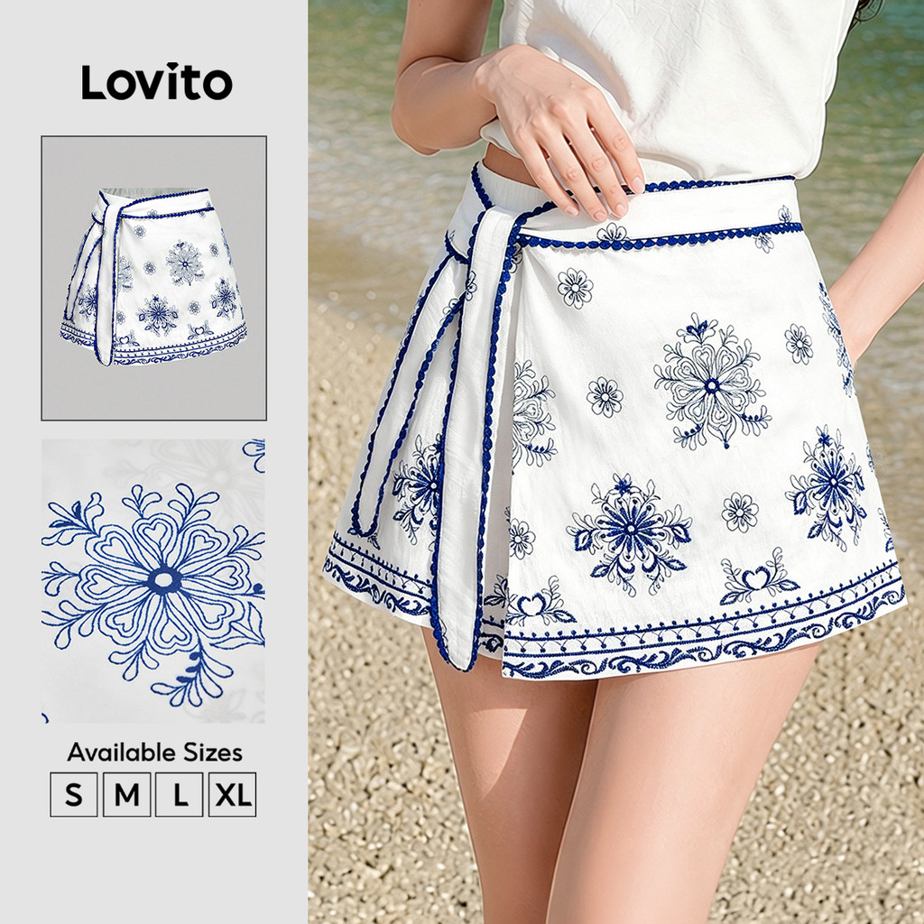 Lovito Férias Shorts de com Flores e Cadarço Shorts de Primavera/verão para Mulh