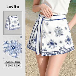 Lovito Férias Shorts de com Flores e Cadarço Shorts de Primavera/verão para Mulheres Bordado L150ED175