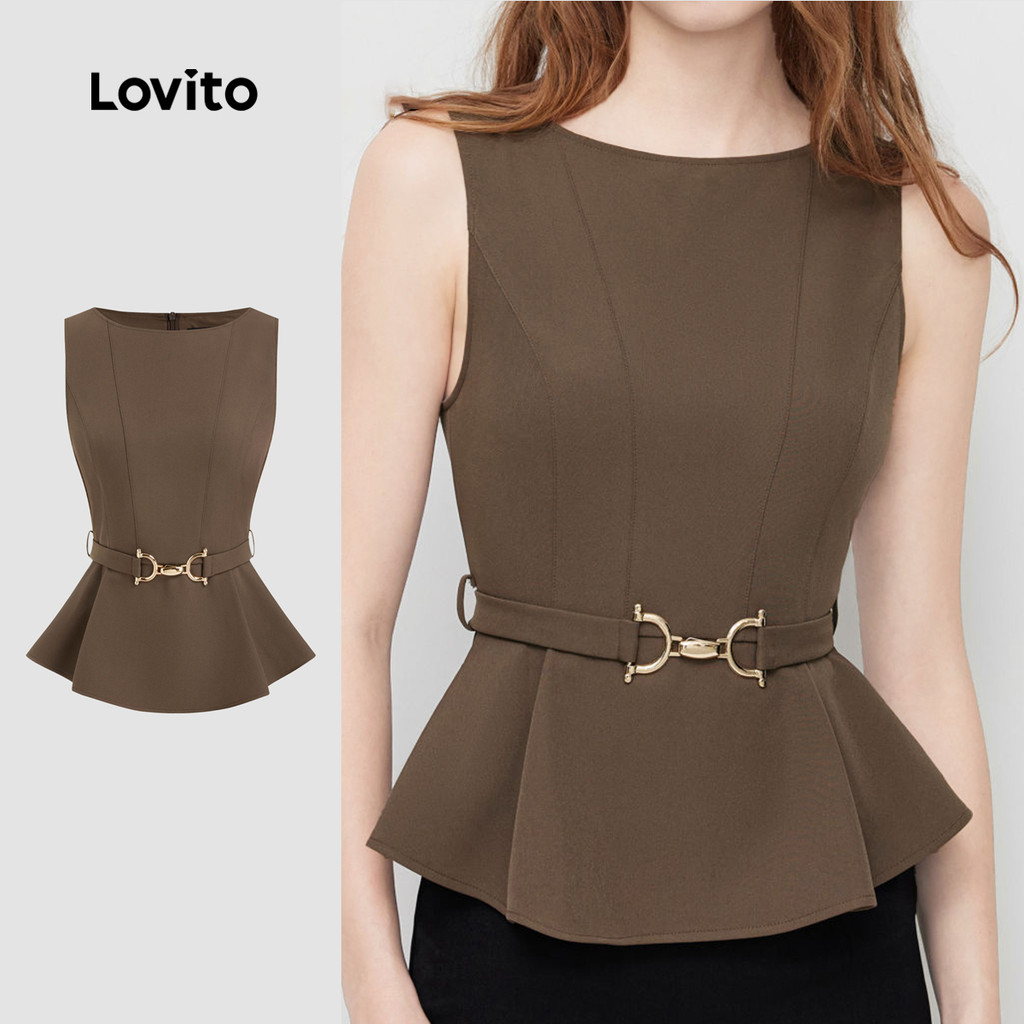Lovito Elegante Top com cinto e fivela primavera/verão Mocha Brown Top para mulh