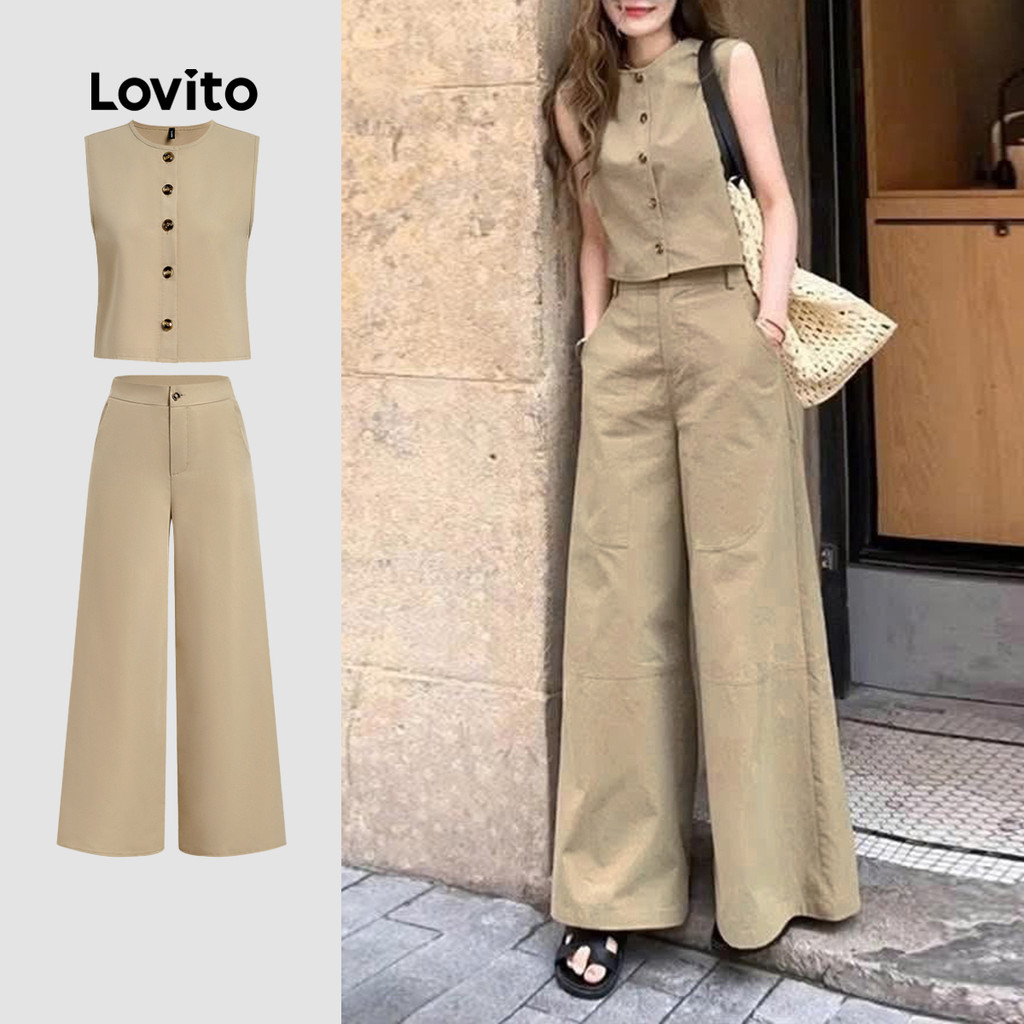 Lovito Casual Conjunto De Blusa E Calça Cáqui Para Mulheres Ideal Para a Primavera/verão LBL29191