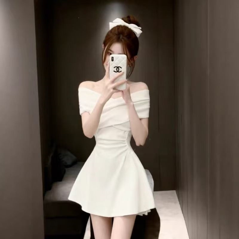 Vestido de Luxo em Cor Sólida com Ombros Descobertos para Mulheres Pequenas, Vestido Curto A-Line Slim-Fit para o Verão