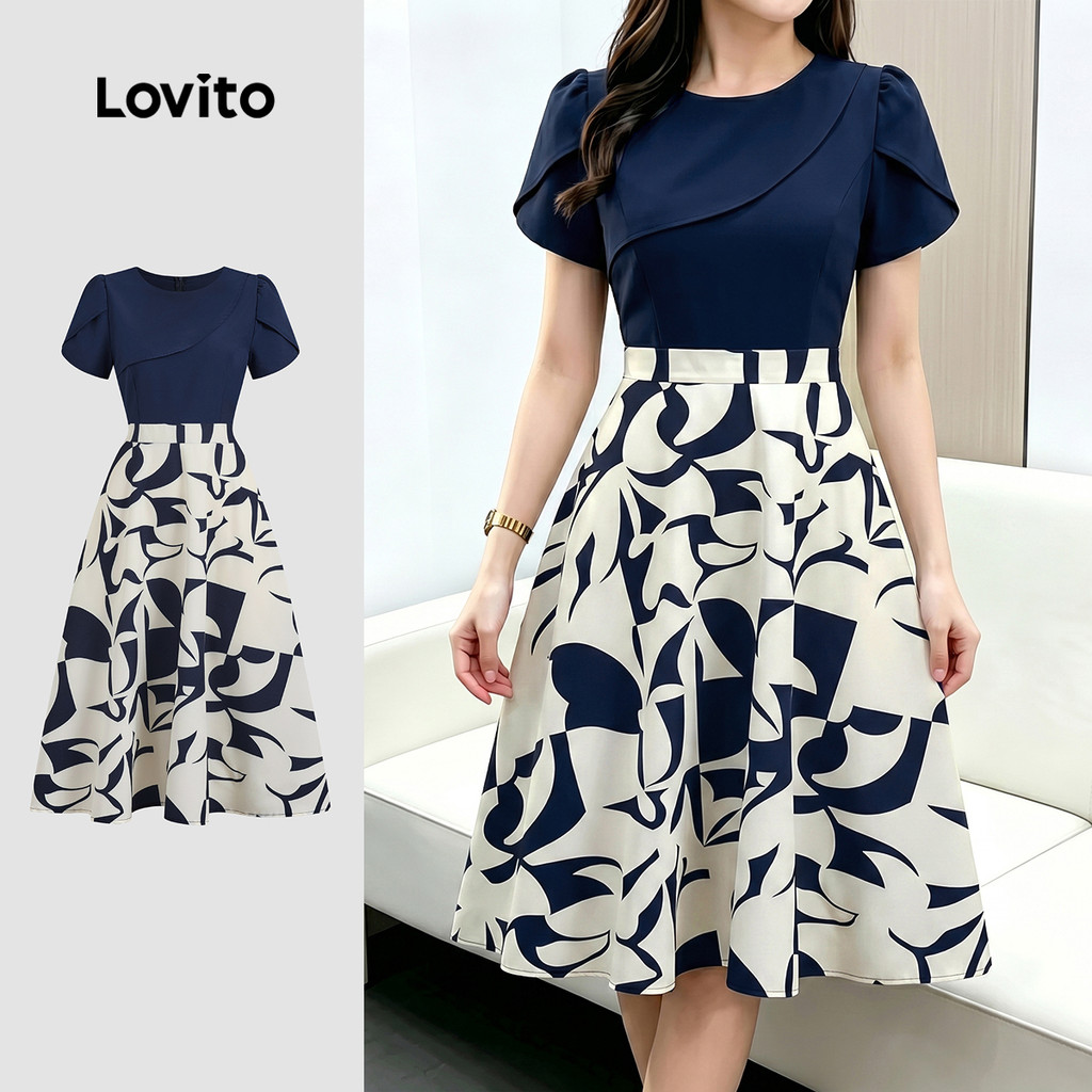 (New Arrival) Lovito Vestido Elegante com Estampa Lazer e Trabalho Vestido de Pr
