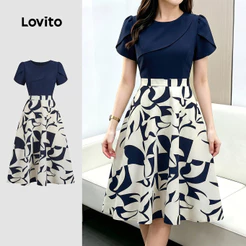 Lovito Vestido Elegante com Estampa Lazer e Trabalho Vestido de Primavera/verão para mulheres L195AD316