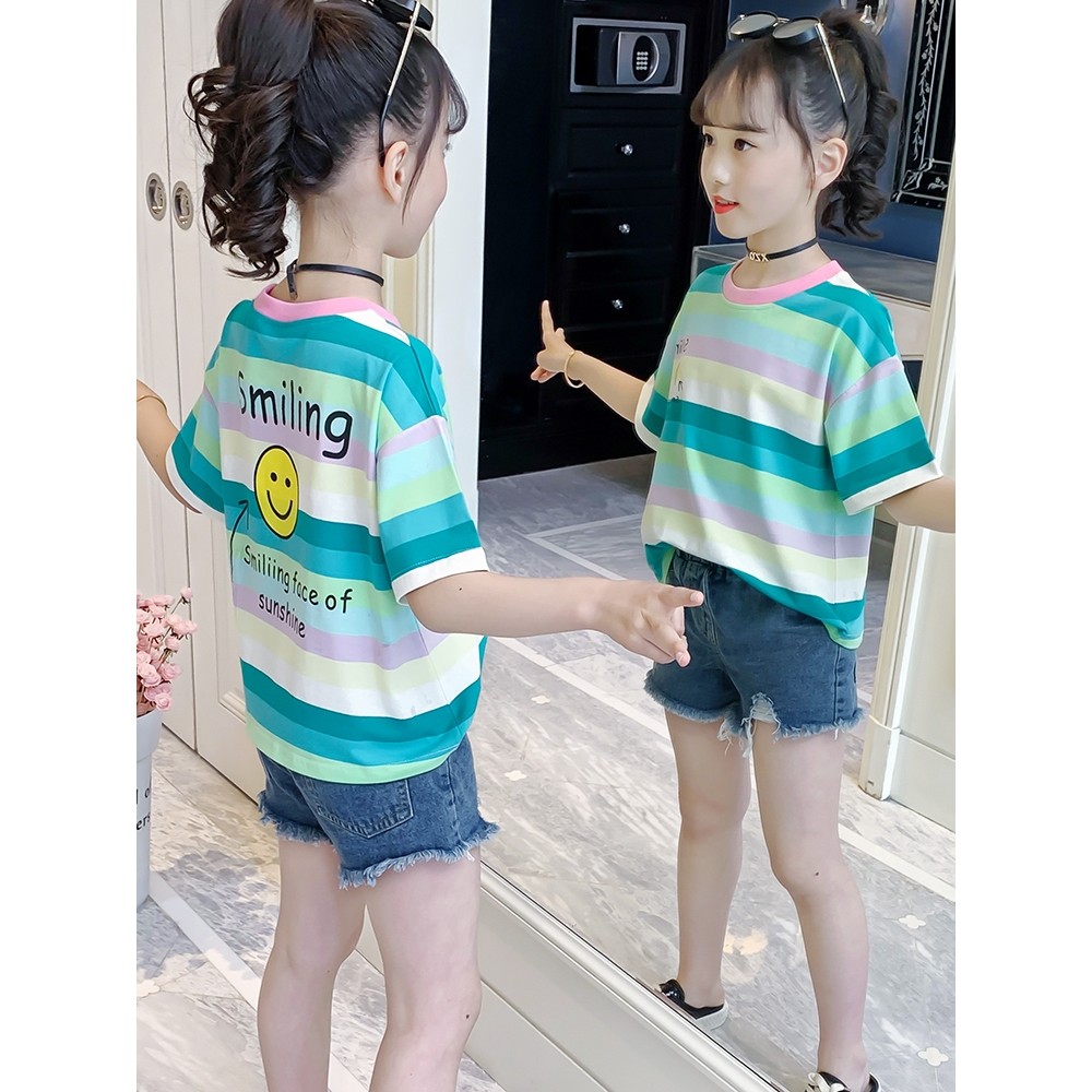 Meninas camiseta de manga curta roupas de verão 2026 novo estilo crianças dos desenhos animados listrado topos médio gra