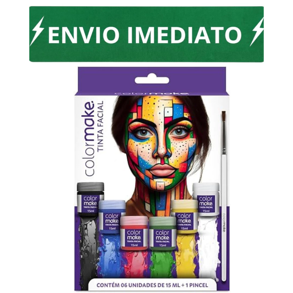 Kit Tinta Facial c/ 6 cores + Pincel 15ml - Maquiagem Artística - Secagem Rápida e Total - Color Make - Colormake
