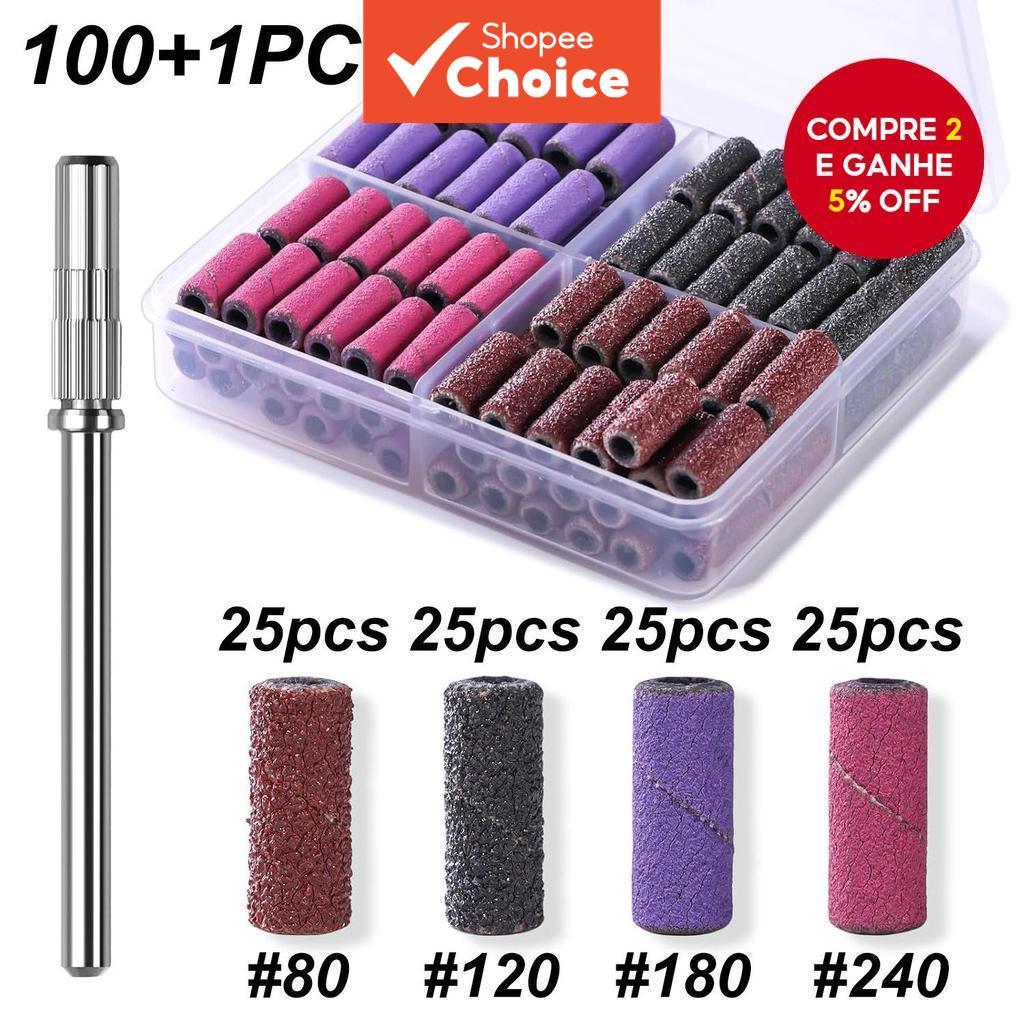  Kit 100 Mini Lixas com 1 Broca Mandril, Acessórios para Manicure e Lixamento de Unhas em Máquinas Elétricas