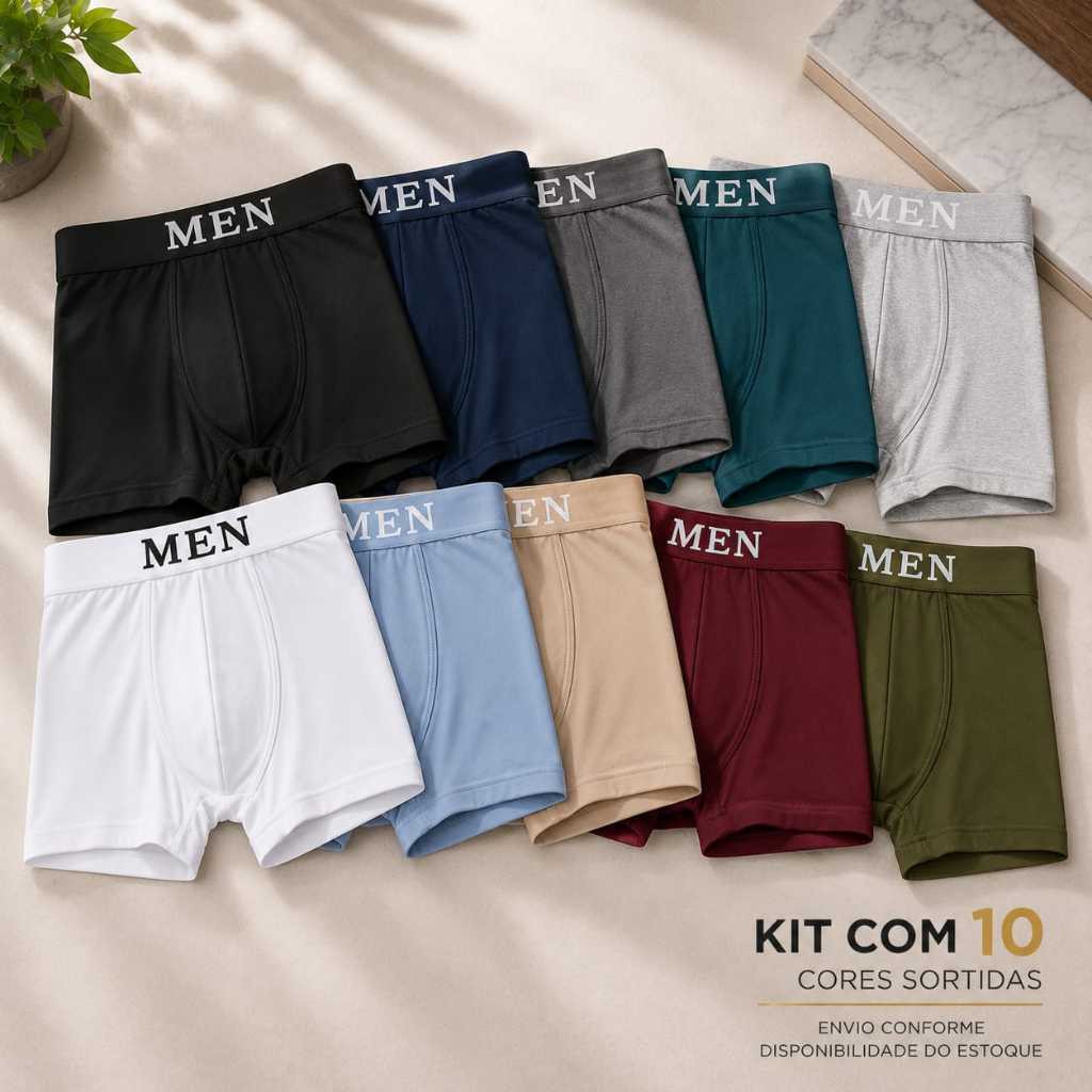 Kit 10 Cuecas Boxer Masculina Microfibra Cós Largo Confortável Elástica Cores Sortidas