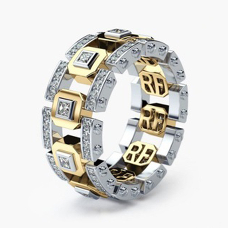 Anel híbrido de ouro e prata, anel de diamante quadrado oco, anel unisexual