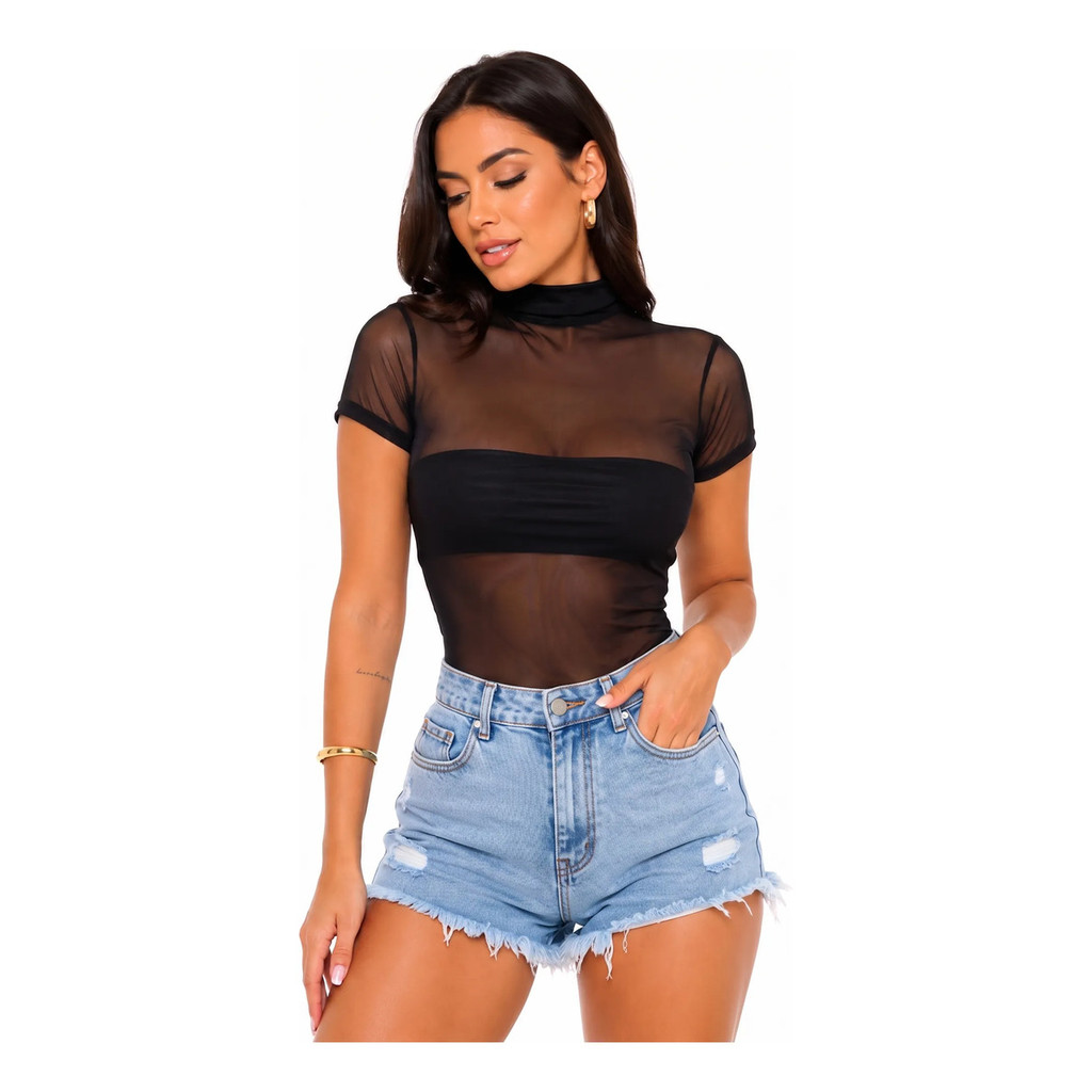 Body Feminino de Tule Transparente Com Cropped Embutido Gola Alta Manga Curta Fecho Verão Top Faixa