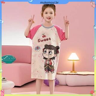 Verão Nezha vestido de uma peça novo estilo pijamas de manga curta estilo fino médio grande crianças meninas dos desenho